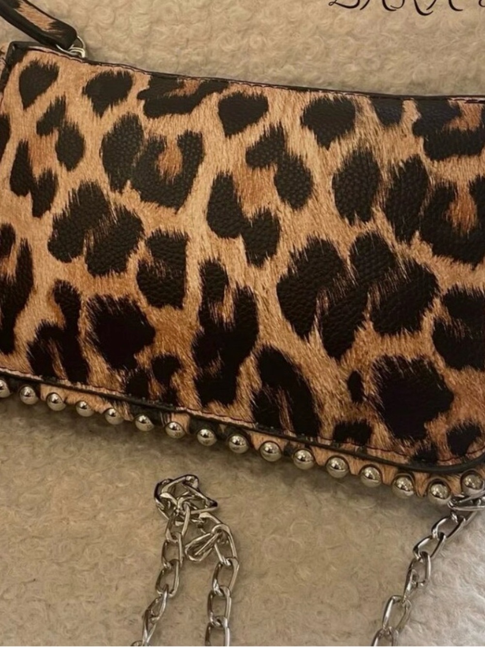 Zara Leopard Print Crossbody Clutch with Silver Stud Trim - Brown/Black - Picture 3 of 5